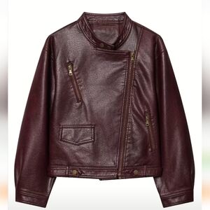 🔥NEW❗GENUINE LEATHER Burgundy Moto Jacket